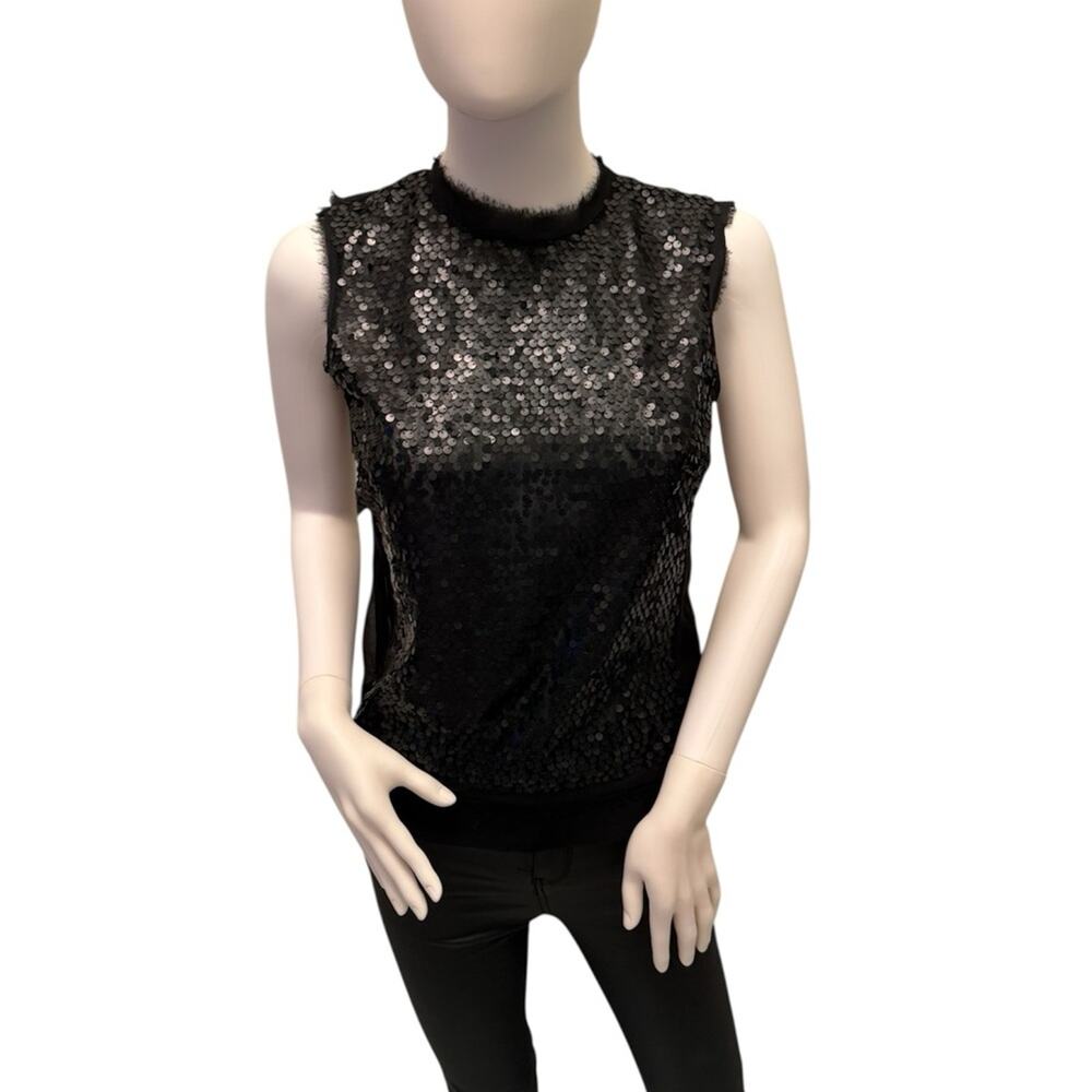Nanette Lepore Black Sequin Sleeveless Top with Sheer Back – Size 2